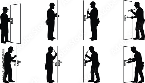 Door Installation Silhouettes with Tools and Handle Work, Black Figures in Lock Fitting Sequence, Carpentry Process, Home Improvement Task