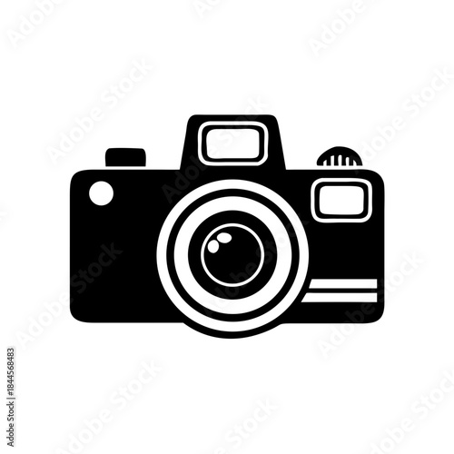 Minimalist black camera icon, essential photography technology symbol for digital media applications.