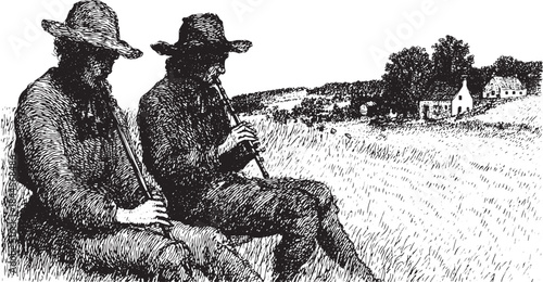 Two musicians playing flutes in a rural landscape. Black and white vector illustration depicting hats and sitting posture in a serene outdoor setting.