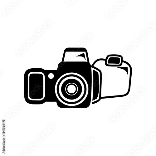 Iconic black and white vector illustration of professional digital photography cameras, symbolizing creative technology and media.