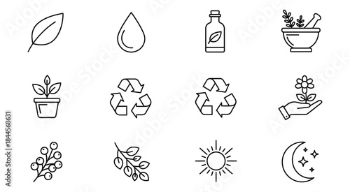 A comprehensive collection of elegant line icons representing nature, organic products, eco-friendliness, and sustainable living concepts for various applications