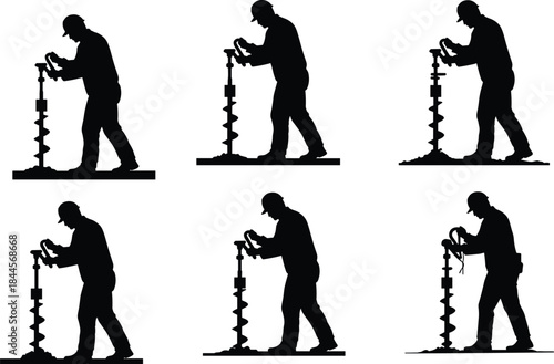 Drilling Operation Silhouettes with Auger Tool and Worker Poses, Black Figures in Ground Penetration Sequence, Industrial Task, Construction Equipment Use