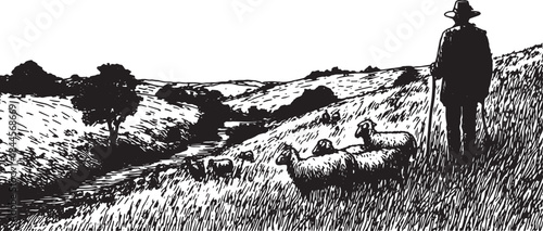Shepherd standing in a field with sheep. Black and white landscape vector illustration depicting hills and trees in a rural setting.