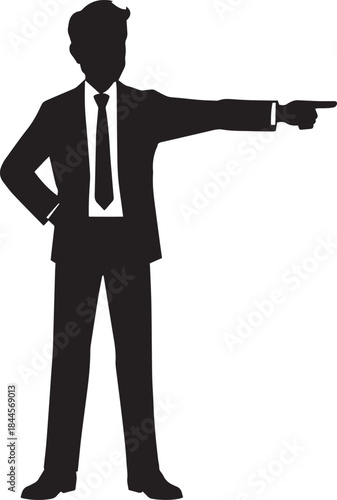 Executive male in suit pointing, authoritative silhouette black and white vector illustration