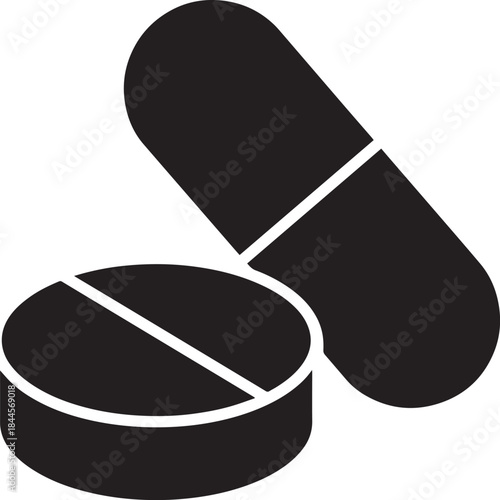 Pill and capsule medicine symbols, essential medical black and white vector illustration