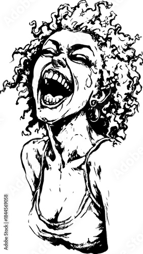 Laughing woman vector illustration in a black line drawing style. This hand-drawn artwork captures dynamic expression with detailed emotion.