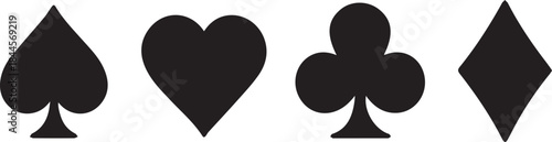 Four playing card suit symbols, classic gaming icon black and white vector illustration