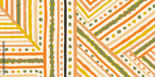 Abstract geometric pattern with orange green and beige diagonal stripes