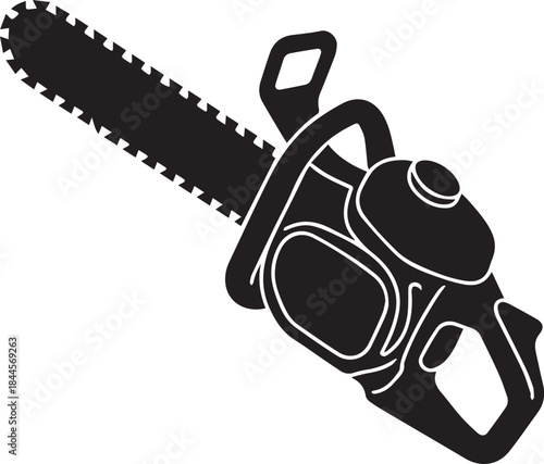 Heavy duty power chainsaw tool, industrial logging equipment black and white vector illustration