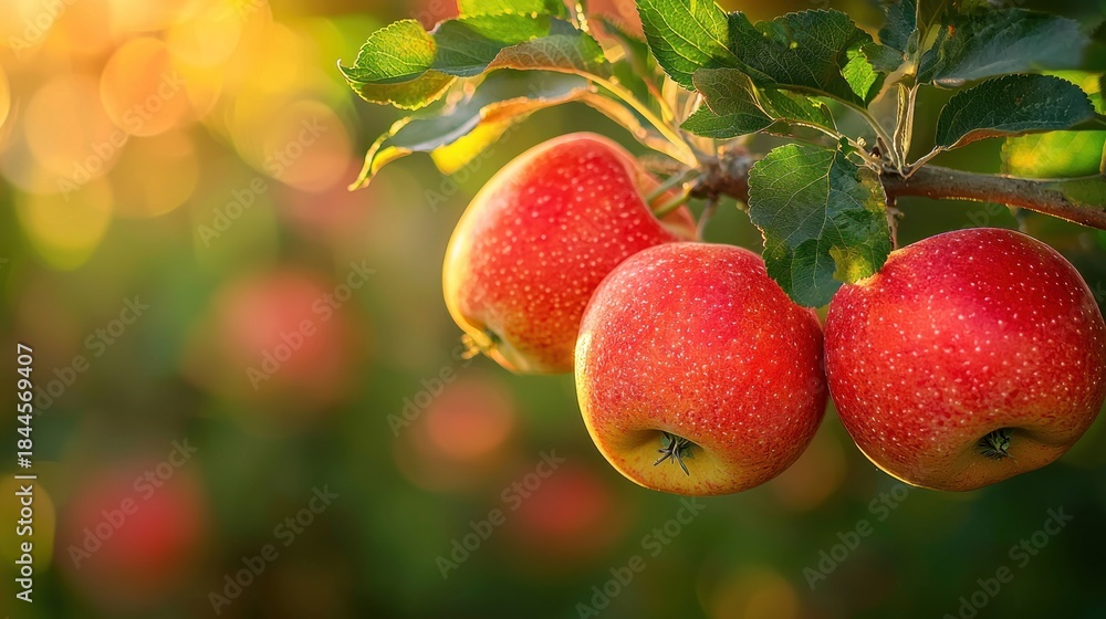 Obraz premium Red apples on a branch with sunlight