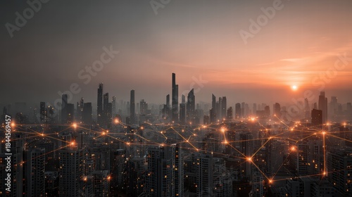 Urban sunrise futuristic cityscape digital connectivity skyline view technology integration a world of infinite possibilities