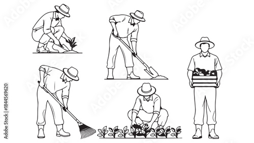 Set of hand-drawn outline illustrations featuring people gardening, farming, weeding, and raking in black and white vector graphic
