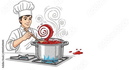 Chef stirring red sauce in steel pot on stove with steam rising  