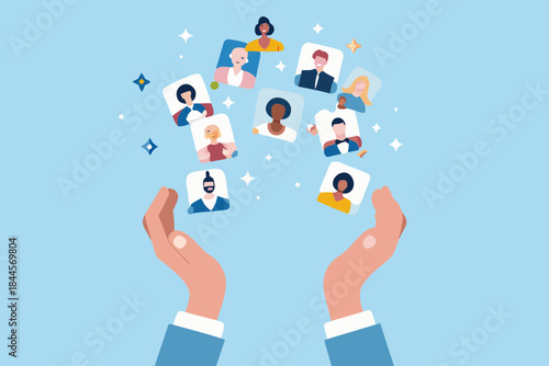 Hands holding floating profile pictures of diverse people connection and networking