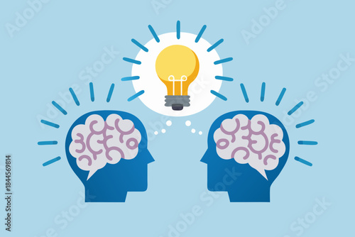 Sharing ideas and brainstorming two minds connected by a bright lightbulb