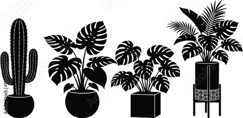 Silhouette collection of indoor potted plants including cactus and tropical leaves, botanical decoration illustration for home decor, gardening and modern design projects