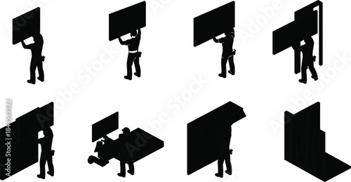 Drywall Installation Silhouettes with Construction Worker and Wall Frame, Black Figures in Action Poses, Interior Finishing Process, Building Task Sequence