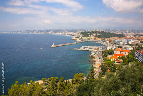 Beautiful view of Nice harbor from Mont Boron. Also you can see the Promenade des Anglais, the marina, buildings and the Mediterranean Sea, Nice, French Riviera, Provence, Côte d'Azur, France.