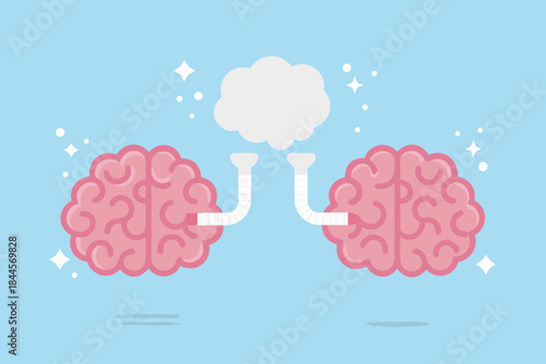 Conceptual illustration of two brains connected by a tube and a thought bubble
