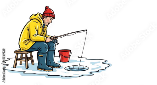 Man fishing on ice with a bucket while sitting on a stool  