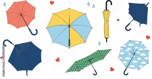 Cute Umbrella Icon Set with Rain Drops Hearts and Patterned Canopies in Flat Cartoon Vector Illustration