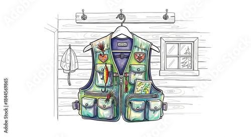 Fishing vest hanging on hook in rustic cabin interior  
