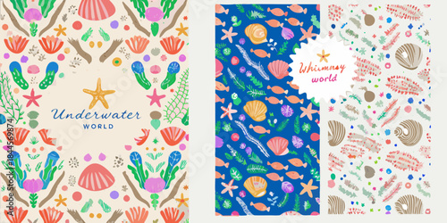 Colorful underwater scene with shells seaweed fish and a whimsical world design