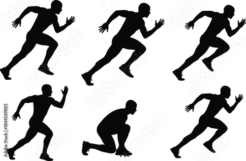 Silhouette collection of male athletes sprinting in various running poses, dynamic sports movement illustration showing speed, power and athletic performance