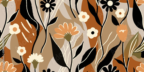 Abstract floral pattern with orange beige black and white botanical elements
