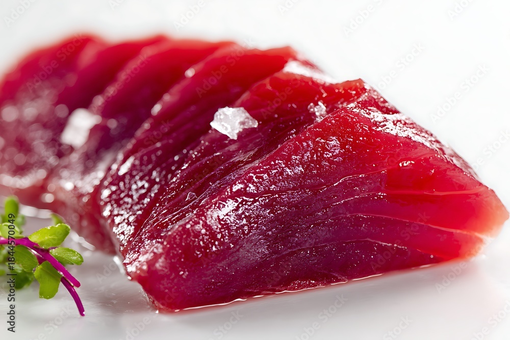 Fototapeta premium Slice of bluefin tuna sashimi with deep red tone and glossy surface, fine dining style on white background.