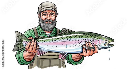 Bearded fisherman holding rainbow trout and smiling in casual attire  