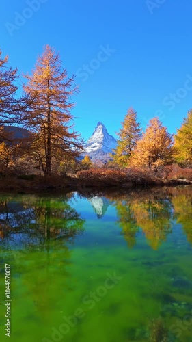 Matterhorn Mountain and Yellow Larches in Autumn on Sunny Day. Reflection in Lake Grindjisee. Swiss Alps. Zermatt, Switzerland. Aerial View. Moving Forward over Water at Low Level. Vertical Video