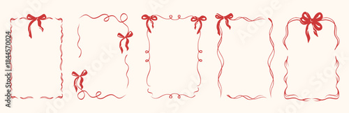 Set of coquette hand drawn Valentine’s Day frames featuring lines, delicate bows, ribbons. Vector illustrations for posters, greeting cards, wedding, invitation.
