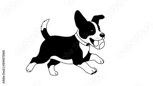 Playful puppy isolated, running with a ball in its mouth, flat vector style, joyful expression, clean background, soft pastel tones, perfect for pet care or children’s content