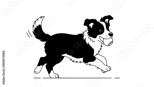 Playful puppy isolated, running with a ball in its mouth, flat vector style, joyful expression, clean background, soft pastel tones, perfect for pet care or children’s content
