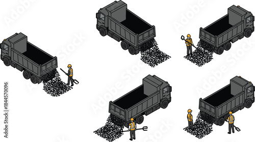 Dump truck unloading silhouettes, gravel spreading, construction worker posture, shovel and rake use, black figures, site preparation, material handling sequence
