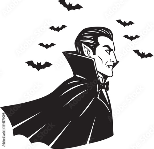 Detailed Male Vampire Figure with Exaggerated Cape Collar, Dramatic Horror black and white vector illustration