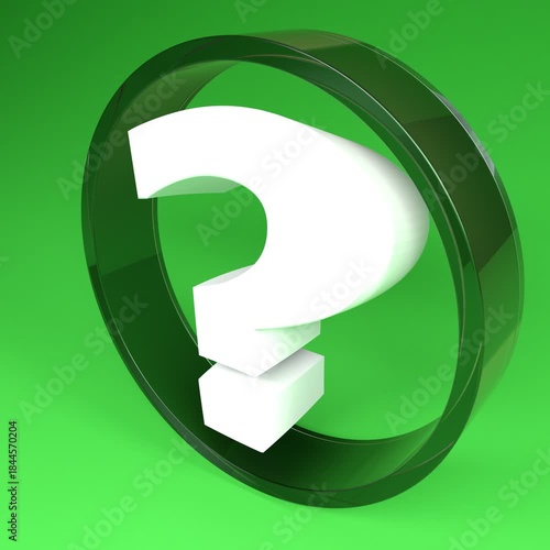 Question mark inside turning glass circle on green background
