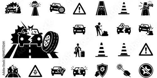 Vehicle Collision Accident Warning Vector Silhouette