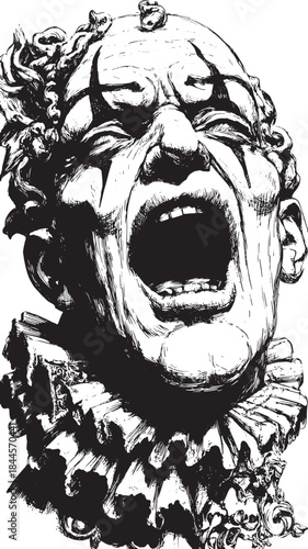 Clown face with a screaming mouth. Black and white vector illustration featuring detailed graphic lines and expression in a vintage style.