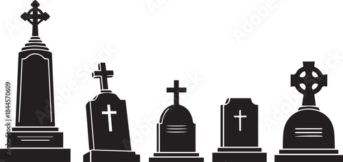 Row of assorted gravestones and cemetery crosses, somber and traditional black and white vector illustration
