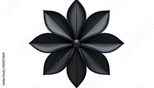A stylized, dark gray floral design with eight petals and a central sphere