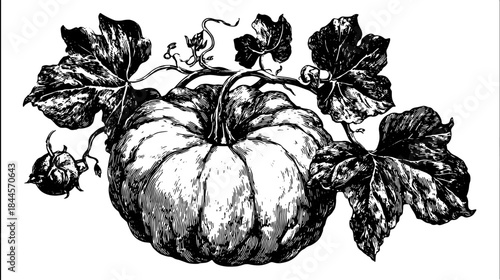 Black and white vintage pumpkin outline illustration. Detailed botanical drawing creating an engaging vector artwork set.