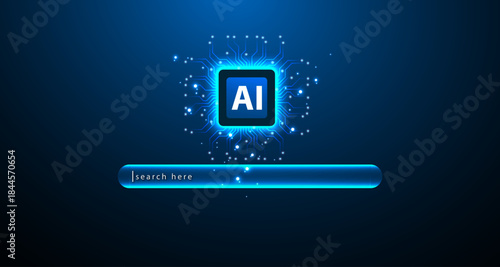 AI Search Interface with Futuristic Glow Technology Background for AI, machine learning, data search, automation, digital assistants, and modern technology innovation.