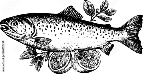 Black and white trout fish illustration with lemon and herbs. Simple outline engraving-style vector illustration, ideal for culinary art set.