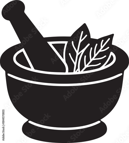 Traditional mortar and pestle with herbal leaves, apothecary and organic black and white vector illustration