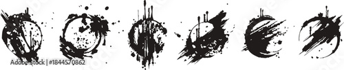 Abstract grunge ink circle brush set in bold black style. Rough paint splatter rings with expressive distressed texture. Ideal artistic elements for modern design, posters, branding, and creative back
