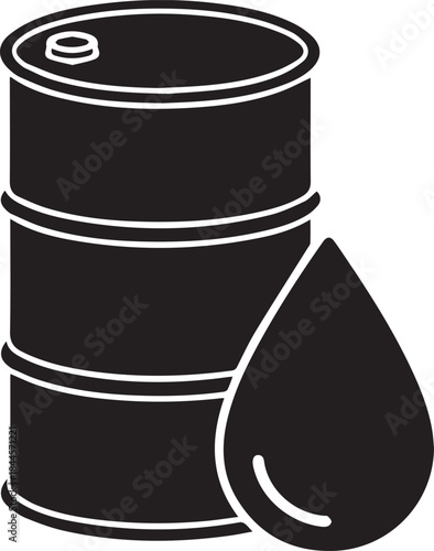 Oil Barrel and Crude Oil Drop, Industrial black and white vector illustration