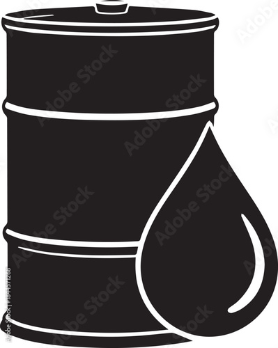 Oil Barrel and Crude Oil Drop, Detailed black and white vector illustration