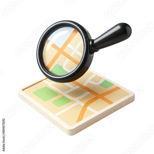 3D Rendering of Map with Magnifying Glass Icon for Location Search, GPS Navigation, and Geo-targeting